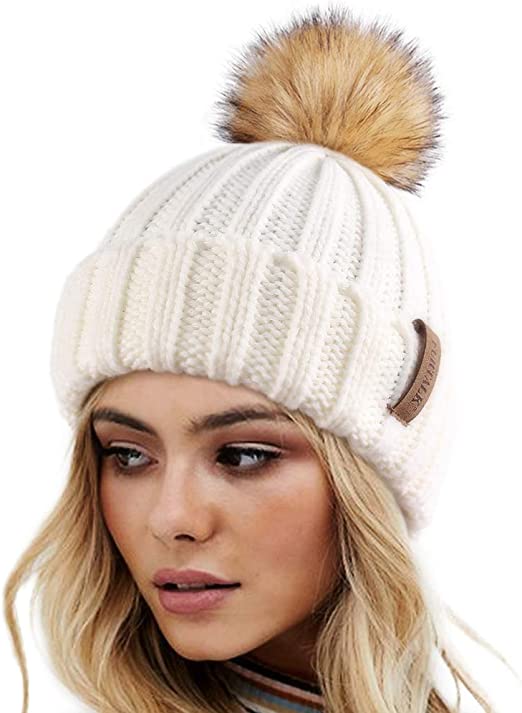 Photo 1 of FURTALK Womens Winter Knitted Beanie Hat with Faux Fur Pom Warm Knit Skull Cap Beanie for Women (One Size, 08-White -)
