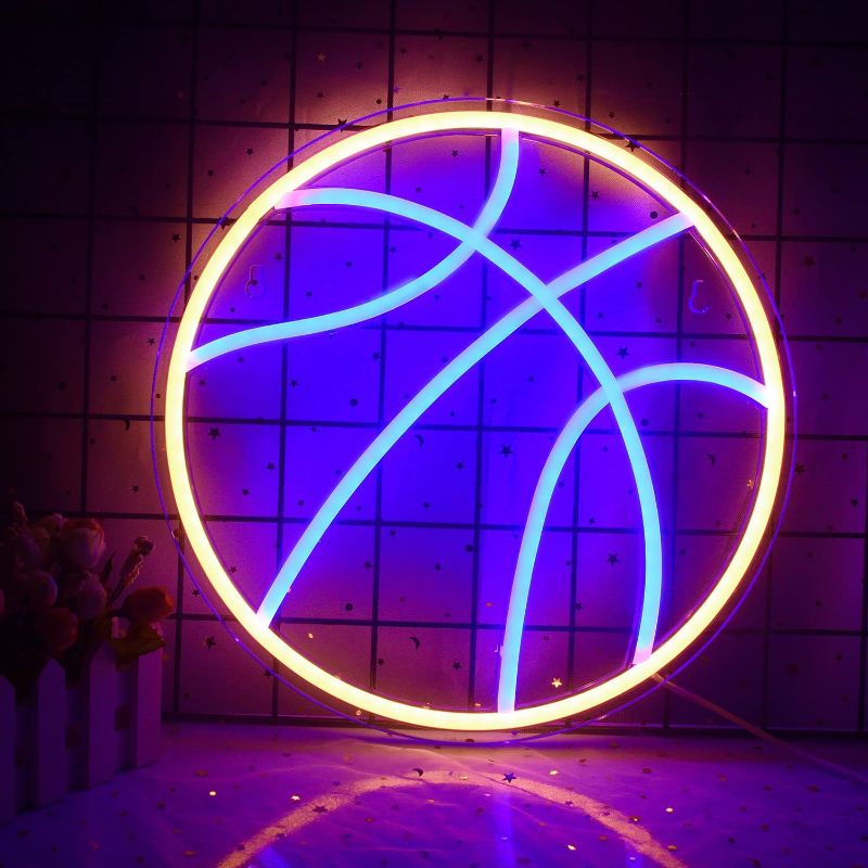 Photo 1 of Basketball Neon Signs Basketball Led Neon Light Wall Neon Lights Cool Neon Sign for Room Bedroom Shop Christmas Birthday Signs Kids Gift(Blue Yellow)
