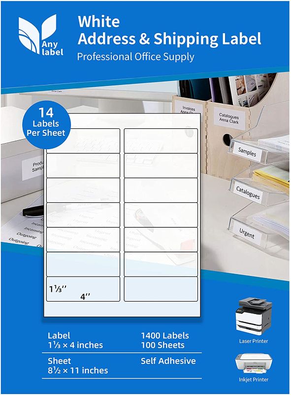 Photo 1 of Anylabel 1-1/3" x 4" Shipping Address Labels for Laser & Inkjet Printer - 14 Per Page Mailing Labels for Packages Permanent Adhesive Easy Peel (100 Sheets, 1400 Labels)
