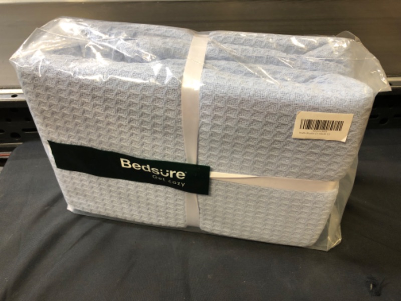 Photo 1 of Bedsure 100% Cotton Blankets King Size - Blue 405GSM Waffle Weave Soft Lightweight Thermal King Size Blanket for Bed, 104x90 inches
