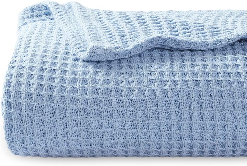 Photo 1 of Bedsure 100% Cotton Blankets King Size - Blue 405GSM Waffle Weave Soft Lightweight Thermal King Size Blanket for Bed, 104x90 inches
