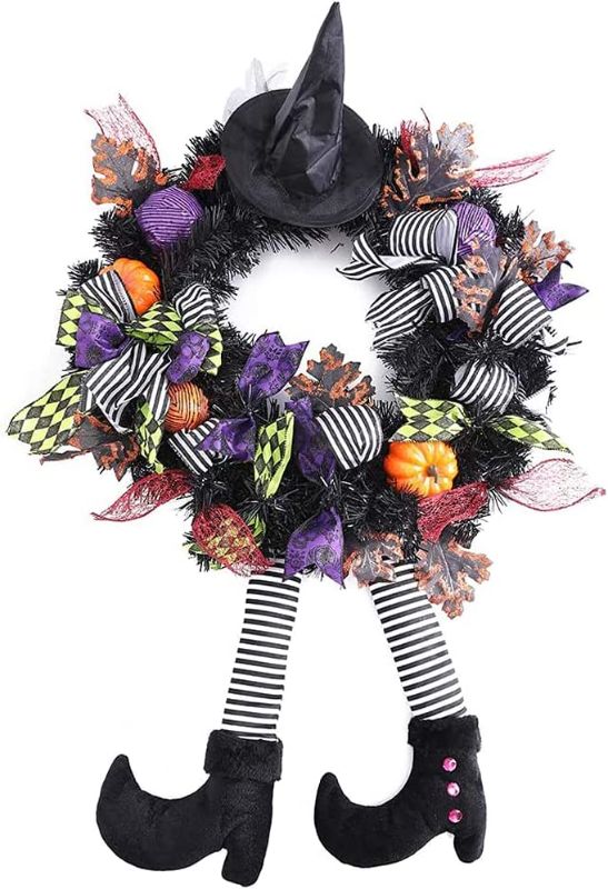 Photo 1 of FLASH WORLD 24 Inch Witch Halloween Wreath,Hat Legs Pumpkin Door Decorations, Artificial Handmade Wreath for Front Door or Indoor Wall Décor to Celebrate Halloween
