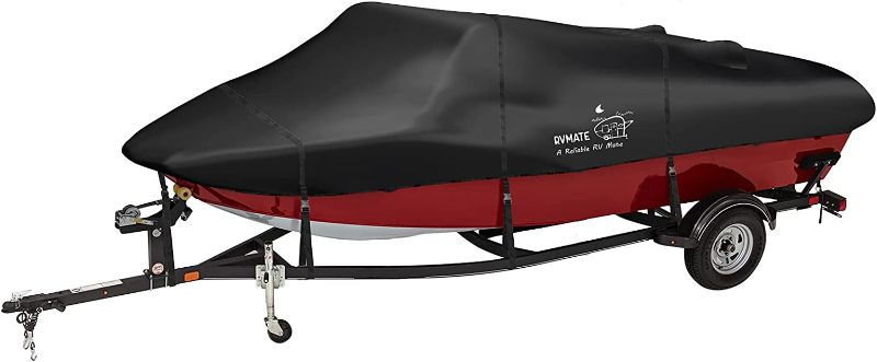 Photo 1 of RVMATE Boat Cover, Marine Grade Polyester, 5000 PU Coating, Fits V-Hull, Tri-Hull, Fishing Boat, Runabout, Length: 14’-16’, Beam Width: 90”, Black
