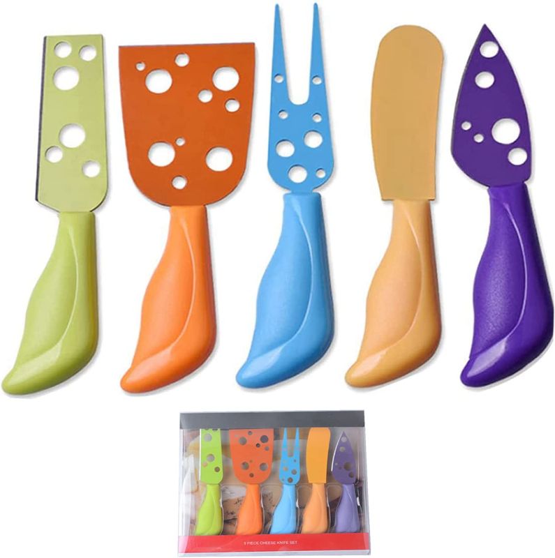 Photo 1 of DKE&YMQ Cheese Knife Set 5 Pcs, Stainless Steel Cheese Knife Fork Spreader with Colorful Handles, Accessory for Deli Platter and Cheese Board
