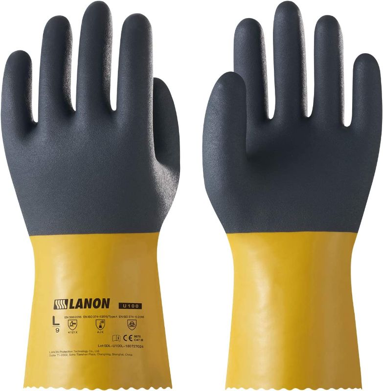 Photo 1 of LANON PVC Coated Chemical Resistant Gloves, Reusable Heavy Duty Safety Work Gloves, Acid, Alkali and Oil Protection, Non-Slip, X Large
