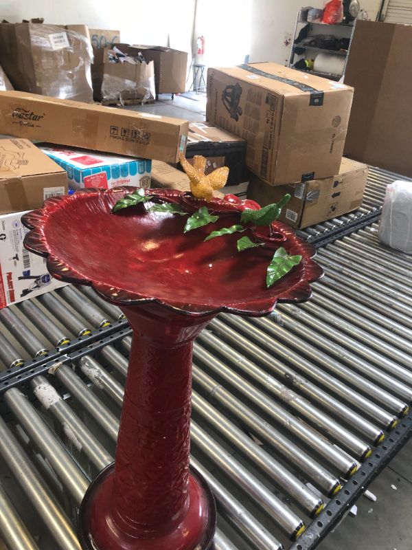Photo 4 of Alpine Corporation 28" Tall Outdoor Metal Birdbath with Birds and Leaves Yard Statue Decoration, Red
