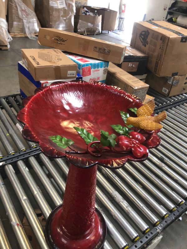 Photo 2 of Alpine Corporation 28" Tall Outdoor Metal Birdbath with Birds and Leaves Yard Statue Decoration, Red
