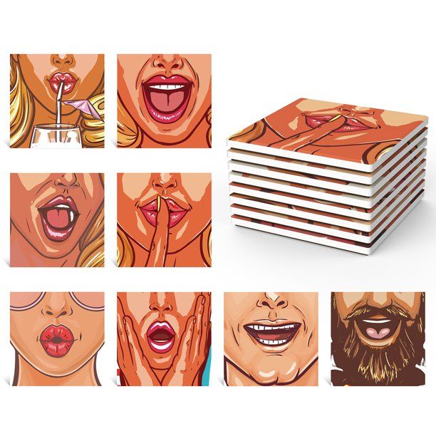 Photo 1 of 2 pack LIFVER Funny Face Ceramic Coasters, Set of 8, Coasters for Drinks Absorbent with Cork Base
