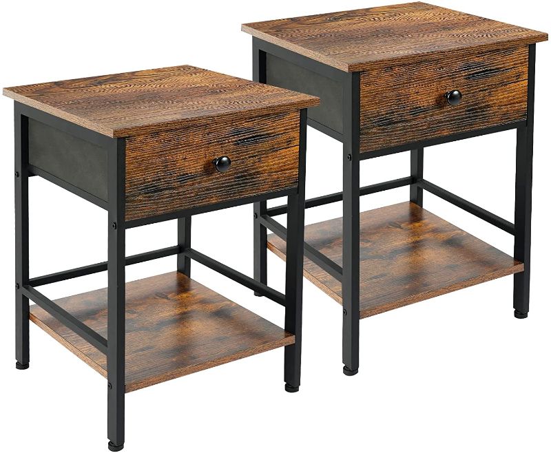 Photo 1 of AMHANCIBLE End Tables Living Room Set of 2,Night Stands for Bedroom with Drawer and Storage Shelf,Industrial Side Tables Easy Assembly, Wood Metal Accent Furniture,Rustic Brown
