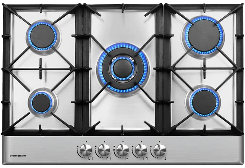 Photo 1 of thermomate Gas Cooktop, 30 Inch Built In Gas Rangetop with 5 High Efficiency Burners, NG/LPG Convertible Stainless Steel Gas Stove Top with Thermocouple Protection, 120V AC
