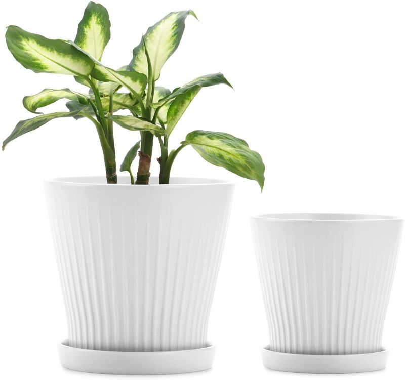 Photo 1 of FairyLavie High-end Plant Pots, 7.3+5.9 Inch Ceramic Pots Planters with Drainage Hole and Saucers, Flower Pots for Indoor Outdoor Plant, Great for Home...
