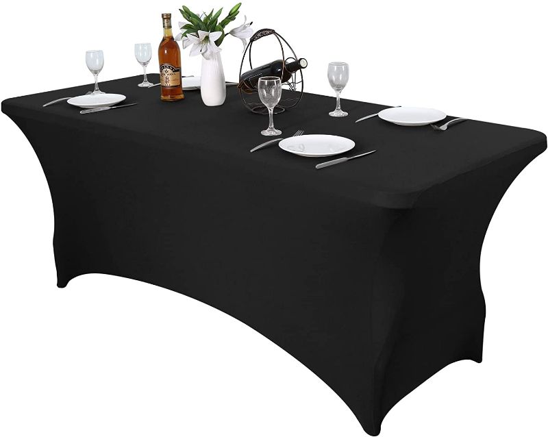 Photo 1 of Black Table Covers for 6 Foot Tables - Stretch Spandex Wrinkle Resistant Fitted Rectangular Table Cloths for Parties, Wedding and Banquet, 72 Length x 30 Width x 30 Height Inches