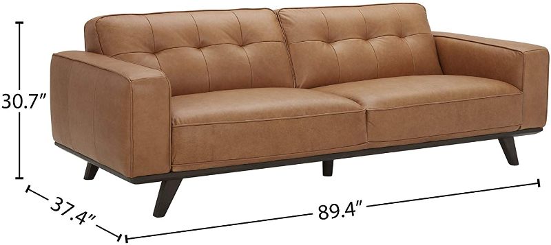 Photo 3 of Amazon Brand – Rivet Bigelow Modern Leather Sofa Couch with Wood Base, 89.4"W, Cognac / Espresso Seat Depth	22.8 inches---BOX HAS SOME DAMAGE---