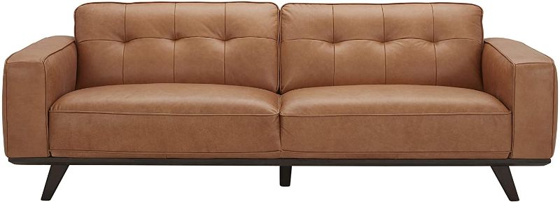 Photo 2 of Amazon Brand – Rivet Bigelow Modern Leather Sofa Couch with Wood Base, 89.4"W, Cognac / Espresso Seat Depth	22.8 inches---BOX HAS SOME DAMAGE---