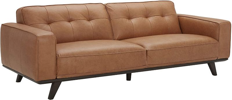 Photo 1 of Amazon Brand – Rivet Bigelow Modern Leather Sofa Couch with Wood Base, 89.4"W, Cognac / Espresso Seat Depth	22.8 inches---BOX HAS SOME DAMAGE---