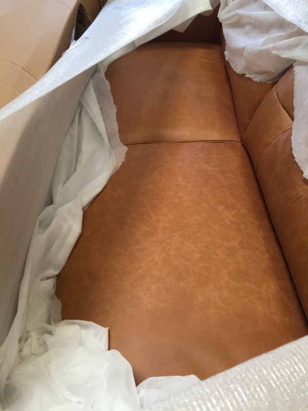 Photo 1 of Amazon Brand – Rivet Bigelow Modern Leather Sofa Couch with Wood Base, 89.4"W, Cognac / Espresso Seat Depth	22.8 inches---BOX HAS SOME DAMAGE---