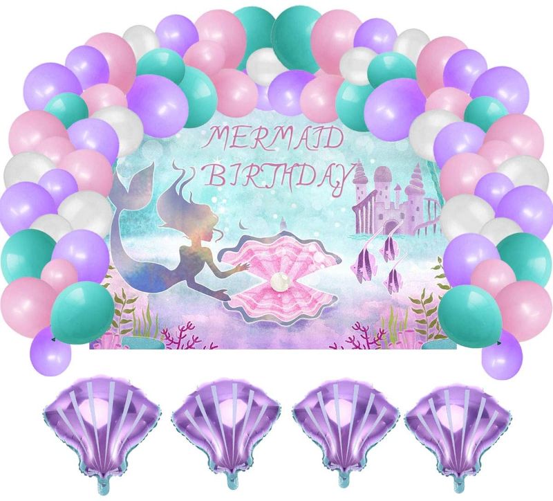 Photo 1 of Amzparty Mermaid Birthday Party Supplies Decorations, Backdrop with 80pcs Balloons Kit, Photo Background for Kids Under The Sea Party, Gift For Girls