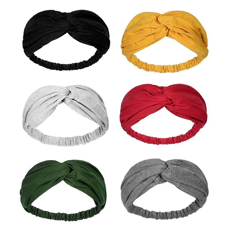 Photo 1 of Hatiis 6 Pack Wide Headbands for Women Non Slip Twist Knotted Stretchy Hair Bands for Girls Vintage Cross Turban Plain Headwrap Yoga Workout Vintage Hair Accessories (5pack-bk-gy-red-ye-leo, One Size) (6Pack-004)