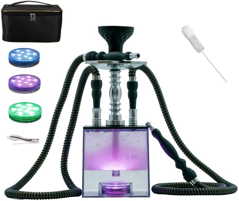 Photo 1 of 2 Hose Hookah Set,Portable Micro Modern Cube Acrylic Hookah with Silicone Hookah Bowl Two Leather Hose Coal Tongs Aluminum Stem,Cube Hookah with Remoted LED Light Custom Storage Bag and Cleaning Brush
