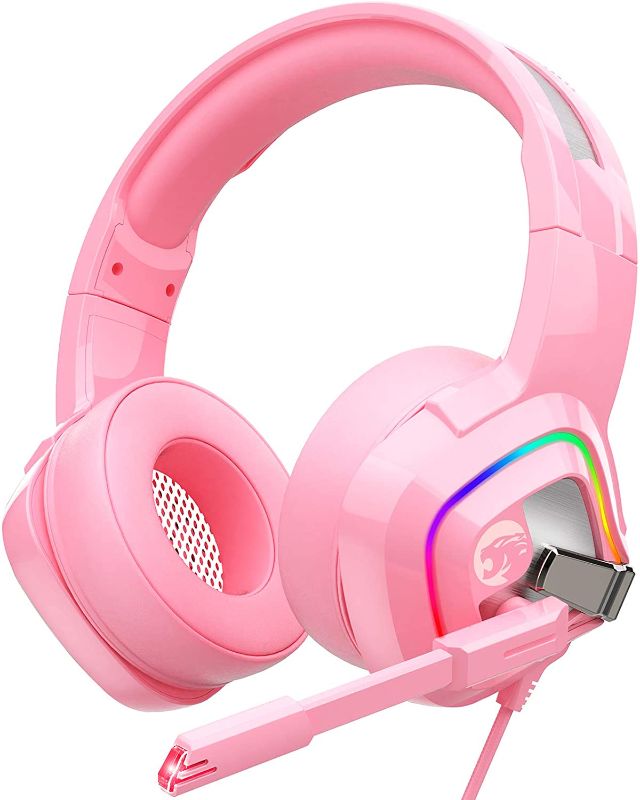 Photo 1 of ZIUMIER Z66 Pink Gaming Headset for PS4, PS5, Xbox One, PC, Wired Over-Ear Headphone with Noise Isolation Microphone, LED RGB Light,Surround Sound
