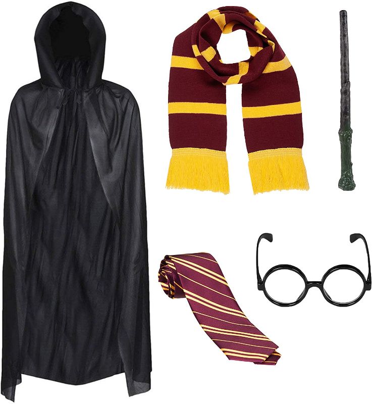 Photo 1 of Adult Dark Wizard World Book Day Costumes Fancy Dress 5 Piece Set - Hooded Black Cape, Wizard Scarf, Wand, Tie, Glasses Maroon & Gold Halloween Adults Costume ADULT SIZE XXL