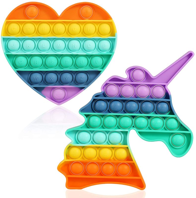 Photo 1 of  Rainbow Fidget Toys with Pop Sounds, Unicorn Push Bubble Poppers Heart Alphabet Letters Learning Toy for Kids BPA Free Silicone, Autism Sensory Toy to Relieve Stress 2 Pack
