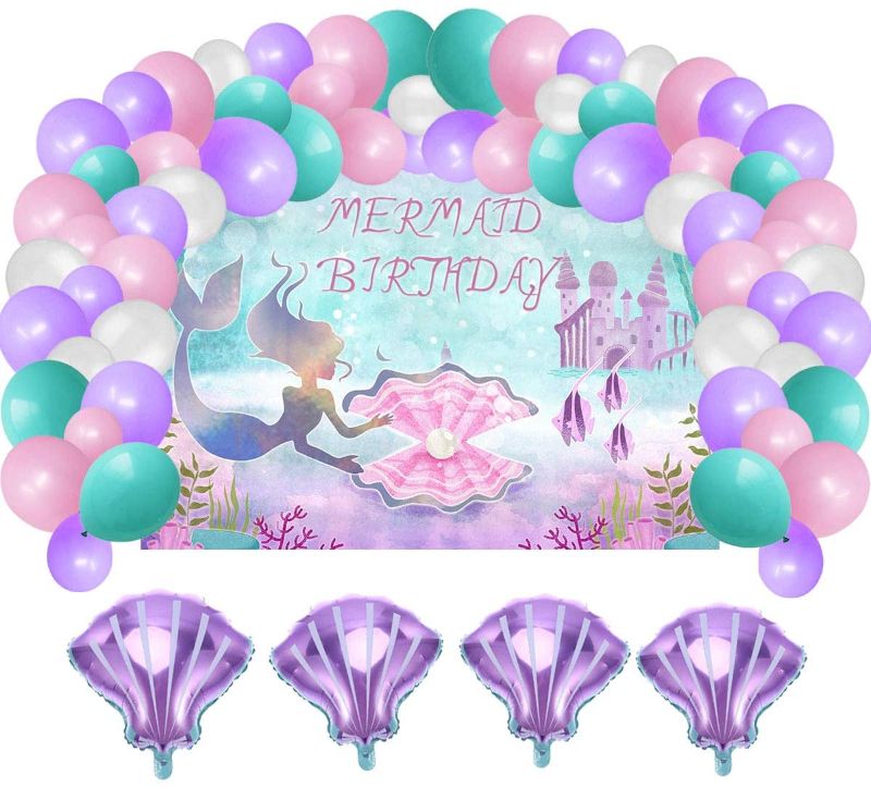 Photo 1 of Amzparty Mermaid Birthday Party Supplies Decorations, Backdrop with 80pcs Balloons Kit, Photo Background for Kids Under The Sea Party, Gift For Girls
