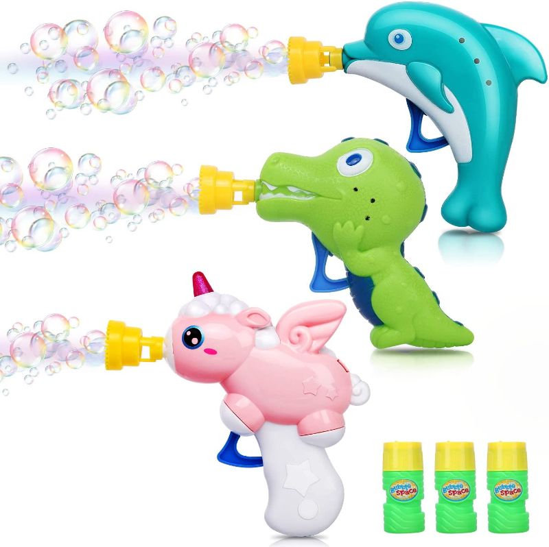 Photo 1 of JoinJoy Bubble Guns for Kids with Refill Solution (10 oz Total), Bubble Maker Bubble Blower Whale Unicorn Dinosaur Blaster for Summer Outddors Party Favors Beach Pool Toys for Boys & Girls