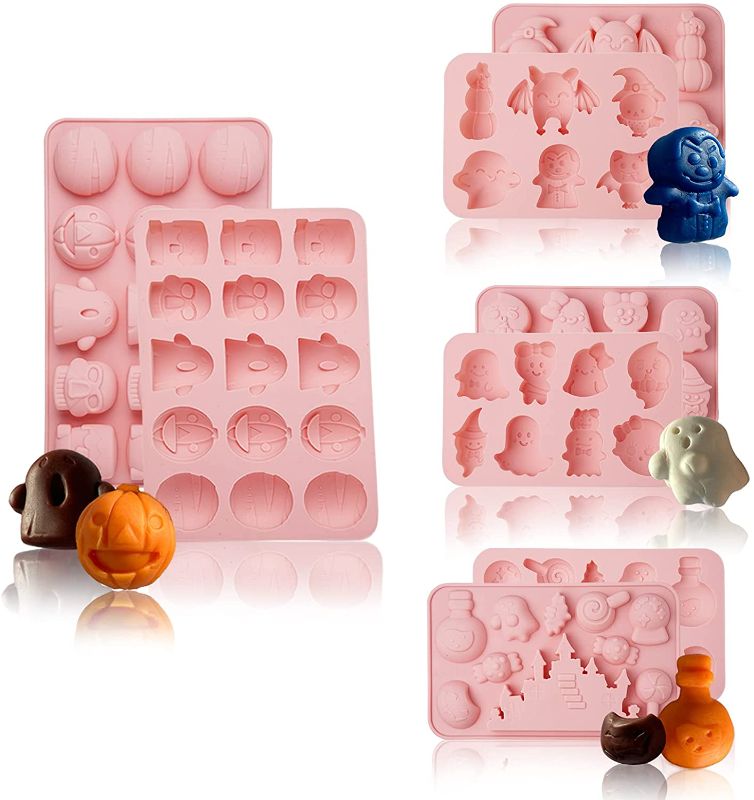 Photo 1 of 2 pack - GEKUPEM 4 Pieces Halloween Silicone Molds, Pumpkin Ghost Bat Skull Shape Chocolate Molds for Making Cakes, Biscuits, Chocolate, Lovely Soaps for Halloween Party Cupcake Cake Topper Decoration (Pink)