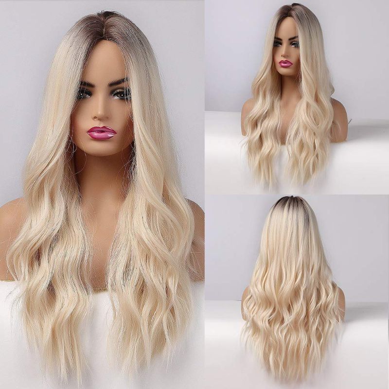 Photo 1 of Long Wavy Wig With Air Bangs Silky Full Heat Resistant Synthetic Wig for Women - Natural Looking Machine Made Grey Pink 26 inch Hair Replacement Wig for Party Cosplay Body Wavy (Yellow2)