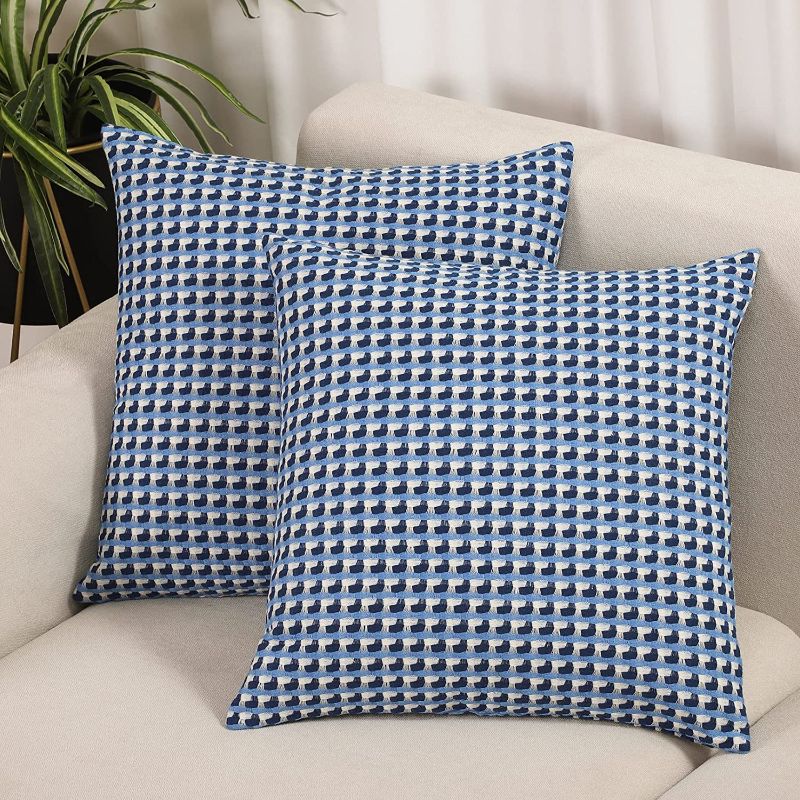 Photo 1 of Basic Model 2 PCS Decorative Throw Pillow Covers 18x18 Inch Colored-Plaid Jacquard Pillowcases Soft Square Cushion Covers for Couch Sofa, Blue