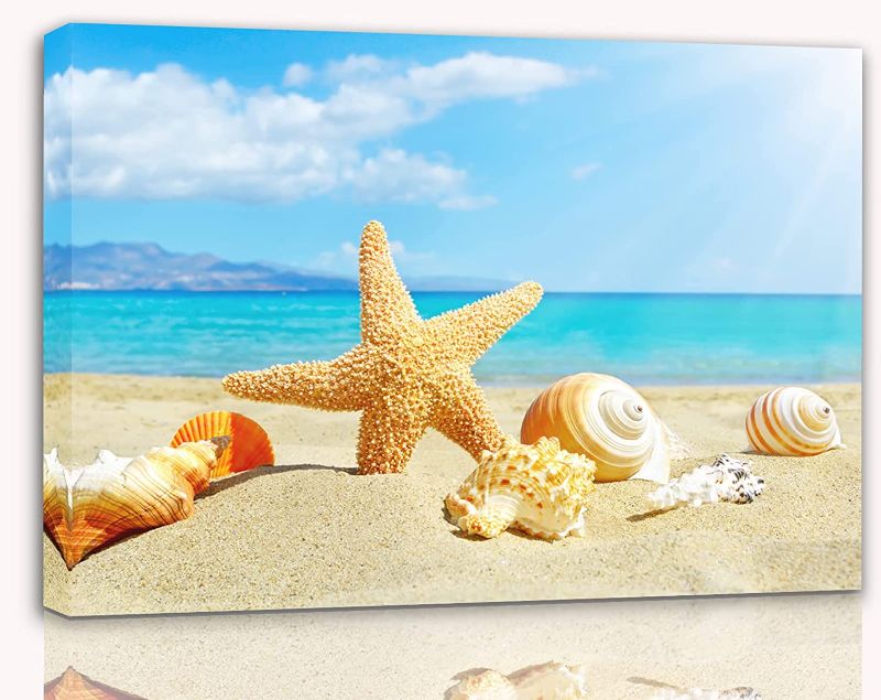 Photo 1 of Beach Wall Decor Starfish Seashell Bathroom Blue Wall Art for Office Bedroom Living Room Canvas Picture Framed Wall Art Size 12x16 Inches