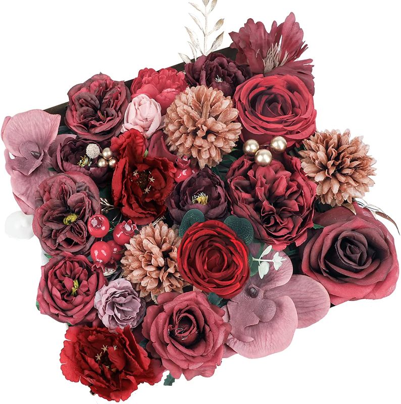 Photo 1 of COCOBOO 25pcs Burgundy Flowers Artificial Flowers Combo Fake Roses Silk Foam Flowers for Chinese Wedding Party DIY Baby Shower Holiday Decorations (Red)