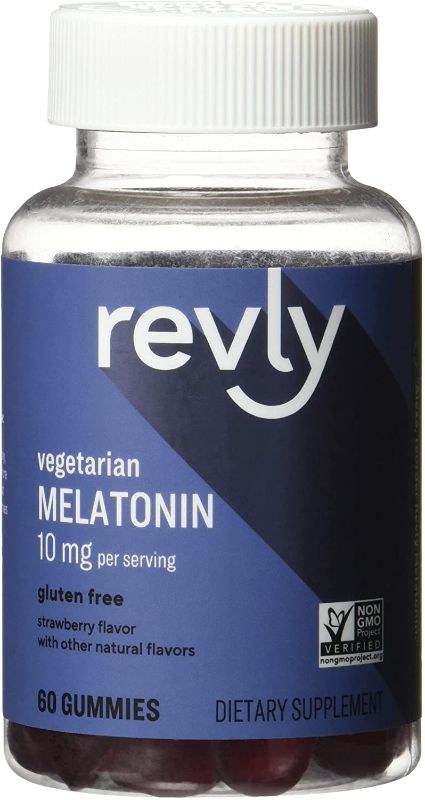 Photo 1 of 2 PACK - Amazon Brand - Revly - Melatonin 10mg Gummies - Supports Restful Sleep - Strawberry - 60ct
EXP 07/2022