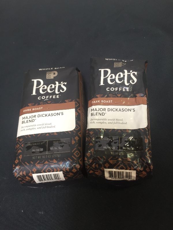 Photo 2 of 2 PACK - Peet's Coffee, Dark Roast Whole Bean Coffee - Major Dickason's Blend 10.5 Ounce Bag, Packaging May Vary 
EXP 06/14/2022