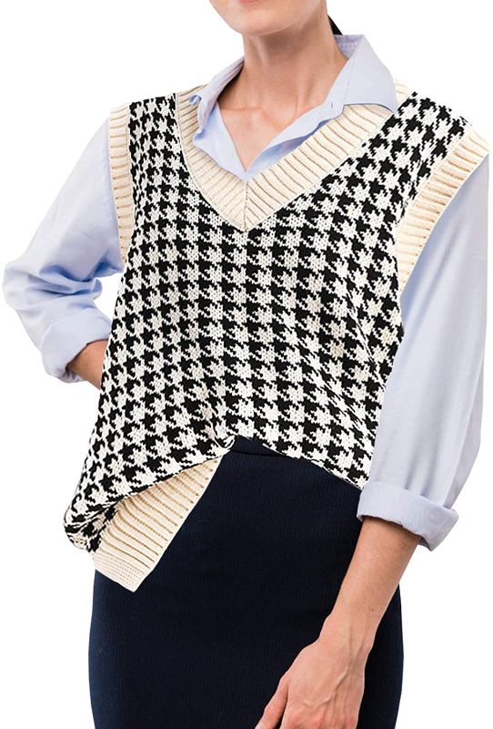 Photo 1 of Women Casual Oversized Houndstooth Sweater Vest V Neck Knit Preppy Style Geometric Top Sleeveless Loose Pullover SIZE LARGE
