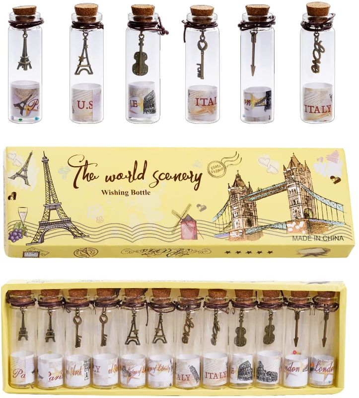 Photo 1 of 12pcs Cork Stopper Decorative Bottle, Vintage Metal Charm Wishing Bottle Set, Romantic Valentines Christmas Birthday DIY Gift