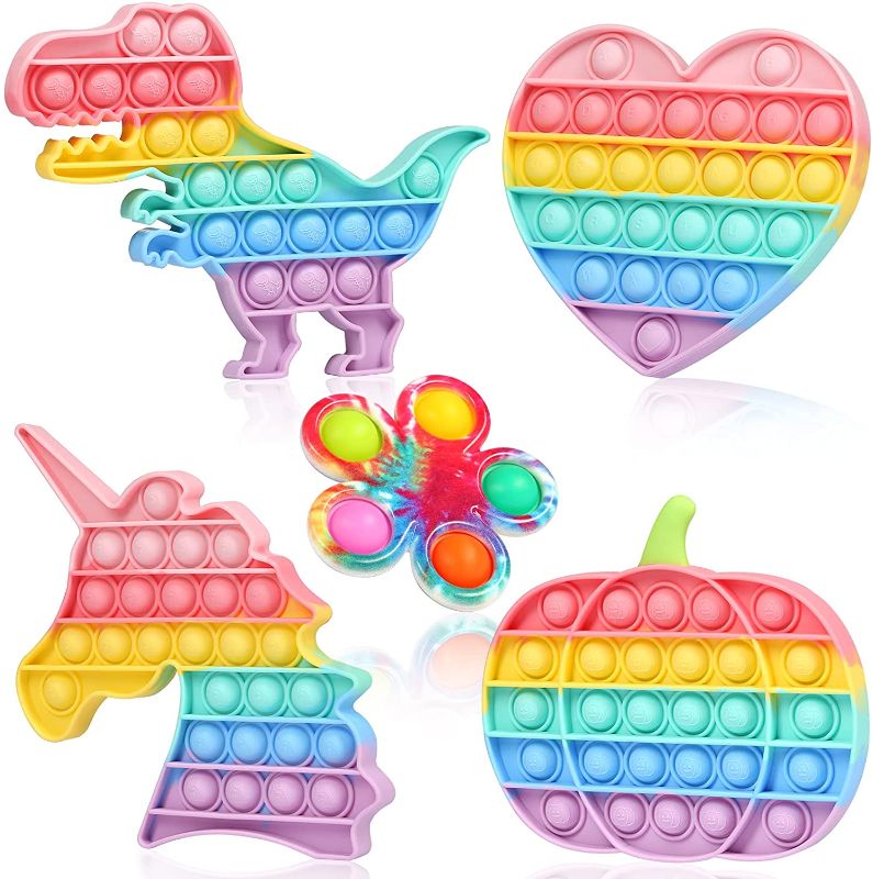 Photo 1 of LASMEX Rainbow Unicorn Dinosaur Heart Pumpkin Push Bubble Bubbles Fidget Fidgets Popping Popper Sensory Relief Toys Toy Pack Packs Set Sets and Anti-Anxiety Tools for Teens Girls Office Older (5Packs)
