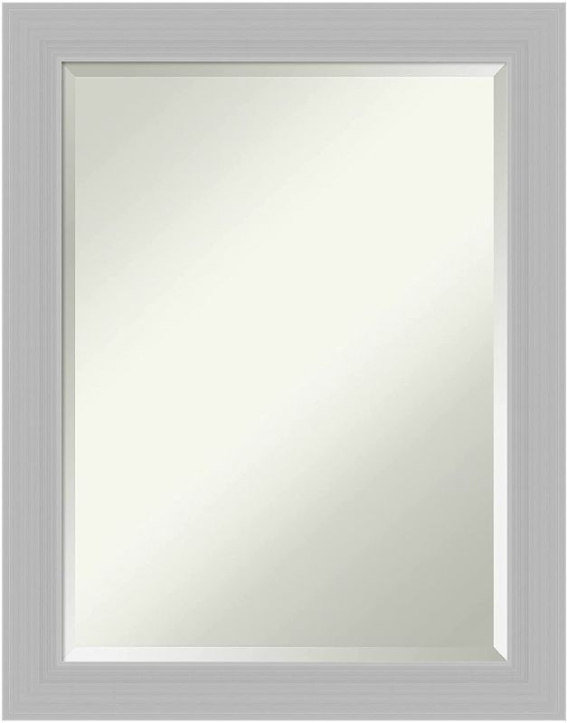Photo 1 of Amanti Art Beveled Wood Bathroom Wall Mirror (28 x 22 in.), Brushed Sterling Silver Frame - Bathroom Mirror, Vanity Mirror - Silver, Medium

