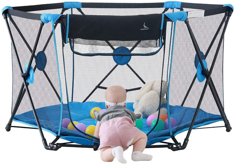 Photo 1 of LuckyDove Portable Playpen for Innfants and Toddlers,Portable Play Yard for Baby with Padded Floor,Kids Activity Centre,Baby PlayPen with Carrying Bag,Washable,Foldable.Size:53"Wx 30"H(Blue)
