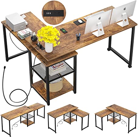 Photo 1 of Armocity 360° Rotating Desk with Outlets and USB Ports, Reversible L-Shaped Desk, Modern Corner Computer Desk with Adjustable Storage Shelves, 71 Inch Large Computer Desk for Workstation, Rustic Brown
