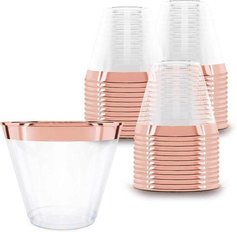 Photo 1 of 100 Gold Plastic Cups | 9 oz | Hard Disposable Cups | Plastic Wine Cups | Plastic Cocktail Glasses | Plastic Drinking Cups | Bulk Party Cups | Wedding Tumblers | Clear Plastic Cups