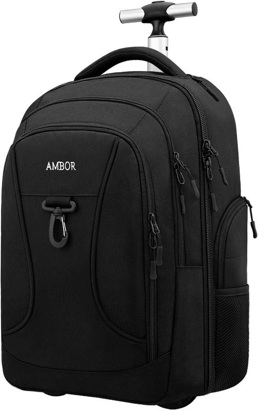 Photo 1 of AMBOR Rolling Backpack, Waterproof Wheeled Backpack, Carry-on Trolley Luggage Suitcase Compact Business Backpack with Wheels, Student Rolling Laptop Bag Trolley Carry Luggage Fits 17 Inch - Black
