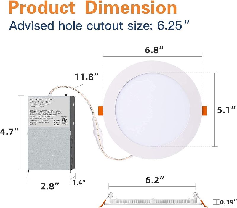 Photo 1 of Amico 2Pack 6 Inch 5CCT Ultra-Thin LED Recessed Ceiling Light with Junction Box, 2700K/3000K/3500K/4000K/5000K Selectable, 12W Eqv 110W, Dimmable Canless Wafer Downlight, 1050LM Brightness -ETL&FCC