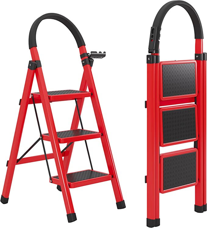 Photo 1 of 3 Step Ladder, Folding Step Stool with Upgraded Widening and Thicken Non-Slip Pedals, with armrests and Tool Holders, 250 Lbs Capacity, Portable Stepladder for Home and Courtyard, Red.