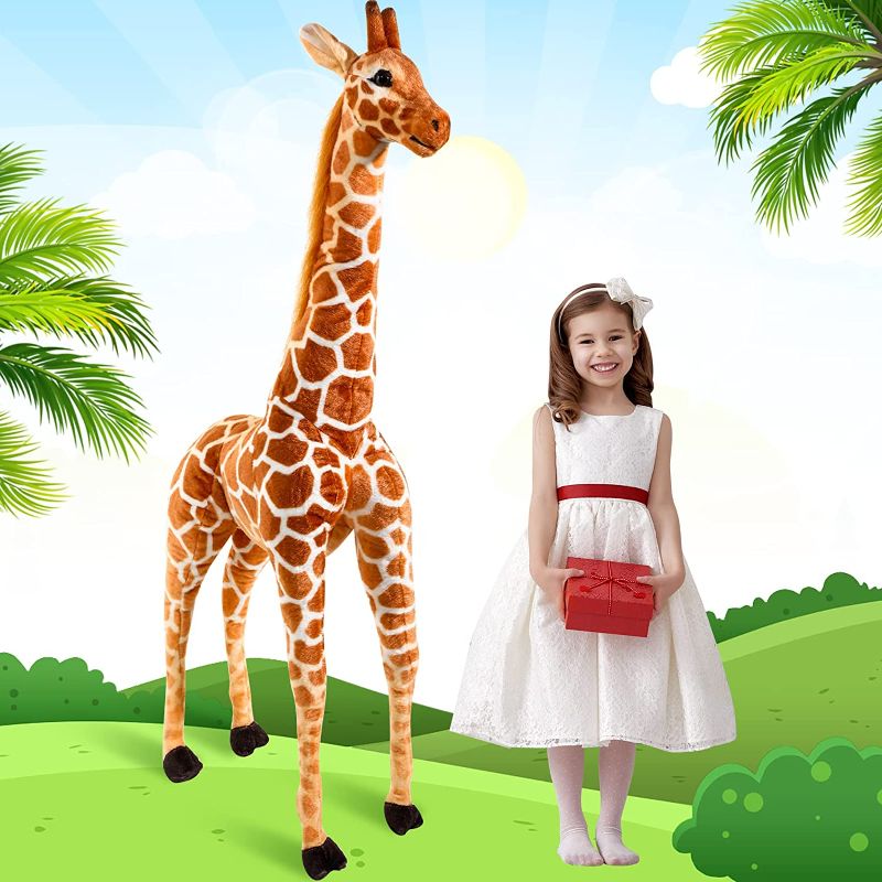 Photo 1 of 48 inch  Giant Giraffe Plush Toy Large Giraffe Animal Toy Huge Standing Stuffed Giraffe Jumbo Lifelike Stuffed Doll for Kids Girls Boys Children Birthday Gift Animal Theme Party Decoration Supplies