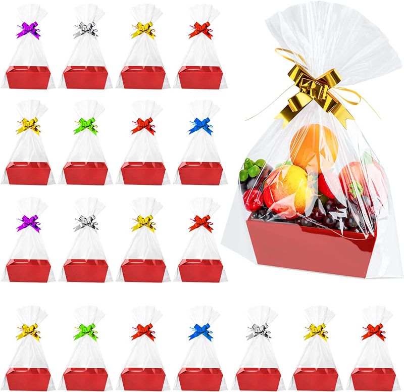 Photo 1 of 74 Pcs Empty Gift Basket Set 20 Cardboard Gift Basket 8 x 6 x 3 Inch Empty Baskets for Gifts with Handles, 30 Bags, and 24 Multicolor Bows for Party Home Wedding Birthday Serving (Red)
