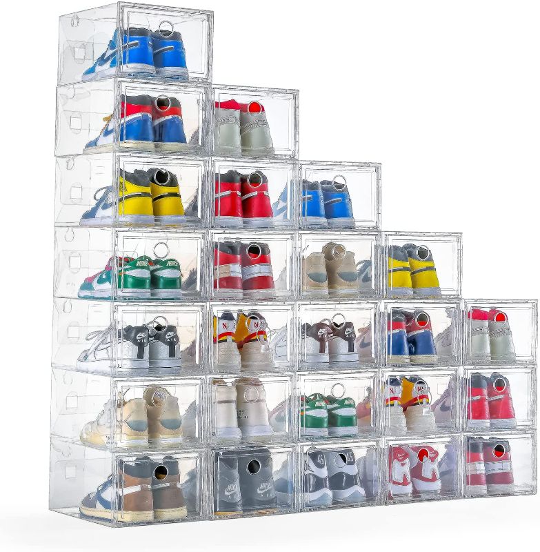 Photo 1 of 12 Pack Shoe Storage Box Shoe Box Clear Plastic Stackable Drop Front Shoe Organizer Space Saving Foldable Shoe Container Bin Fit up to US Size 12 (transparent)
