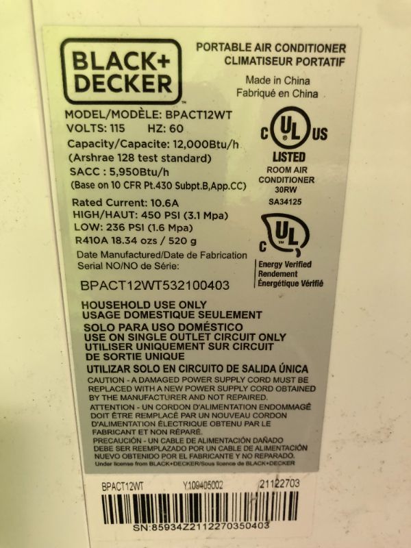Photo 1 of BLACK+DECKER BPACT12WT Large Spaces Portable Air Conditioner, 12,000 BTU, White, HEAVILY USED, SCRATCHES/SCUFFED, MISSING REMOTE. 
