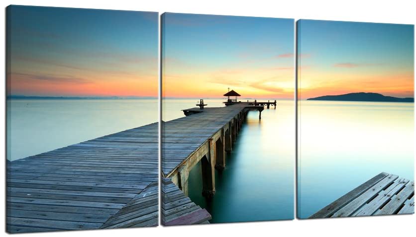 Photo 1 of  Wieco Art Bridges over the Sea Large Canvas Prints Wall Art Seascape Pictures Paintings for Bathroom Living Room Home Decorations 3 Panels Modern Gallery Wrapped Ocean Sea Beach Giclee Artwork L
